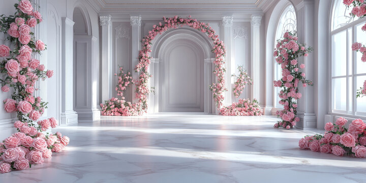 Luxury Palace hall Interior with big windows and walls decorated pink roses and flowers compositions. Wedding background. Classic castle interior