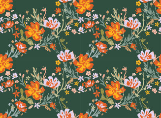 Blooming autumn meadow seamless pattern. Plant background for fashion, wallpapers, print. A lot of different flowers on the field. Liberty style millefleurs. Trendy floral design