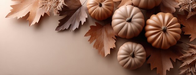 Autumn pumpkins in varied sizes and colors arranged with vibrant leaves on a beige backdrop provide an ideal setting for text
