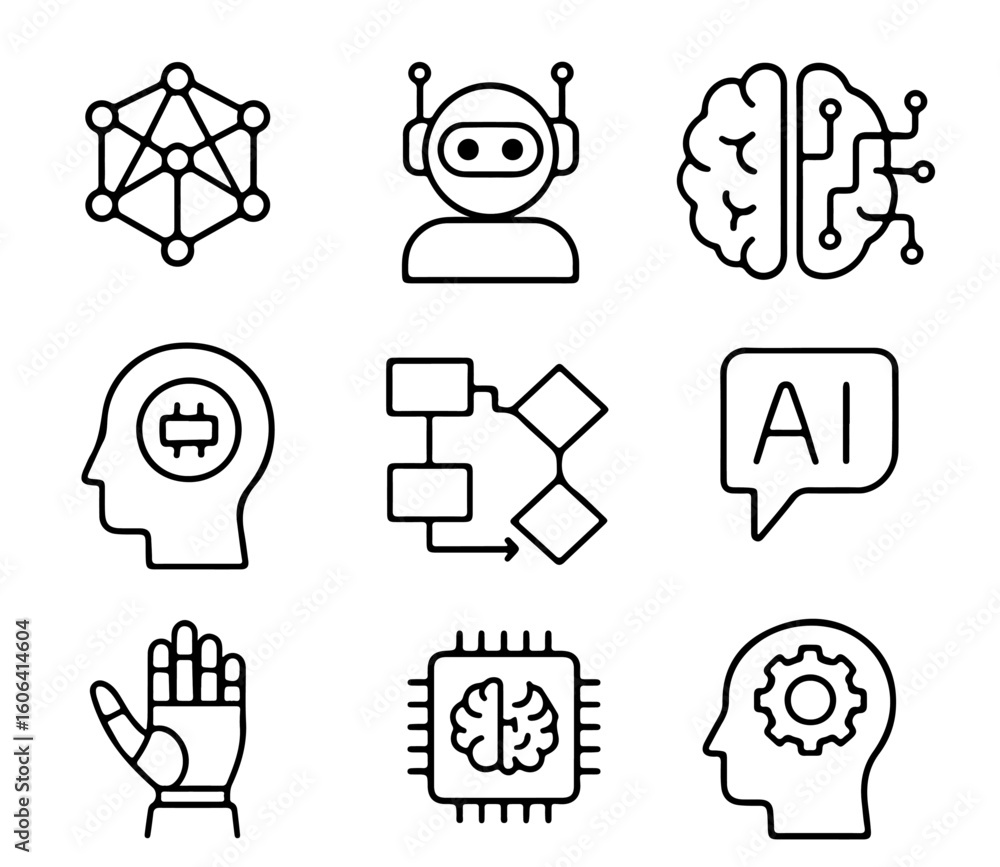 Poster a collection of futuristic tech icons featuring network nodes, a robot, and integrated circuits of b