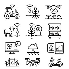 A collection of futuristic icons that depict the modern innovations transforming the agricultural landscape.