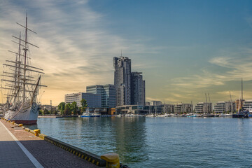 The waterfront of the Port of Gdynia in Poland.