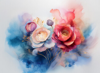 A vibrant watercolor painting of a floral bouquet.  Red, pink, and white blossoms are featured against a soft blue and red watercolor background. Delicate gold accents add a touch of elegance.