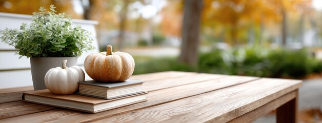 Capture the essence of fall with a stack of books and a small pumpkin on a wooden table, surrounded by autumn nature