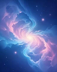 A stunning abstract representation of a sprawling galaxy, featuring swirling clouds of vibrant blues, purples, and pinks. Stars shimmer amidst a backdrop of ethereal light, creating a sense of wonder 