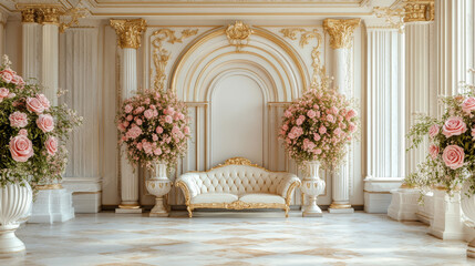 Palace Interior with luxury sofa, marble columns and pink rose flowers in vases. White and Gold Marble Castle Hall. Wedding background