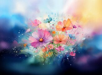 Obraz premium Vibrant cosmos flowers in watercolor style against a colorful, dreamy background. Water droplets and soft light enhance the ethereal beauty.