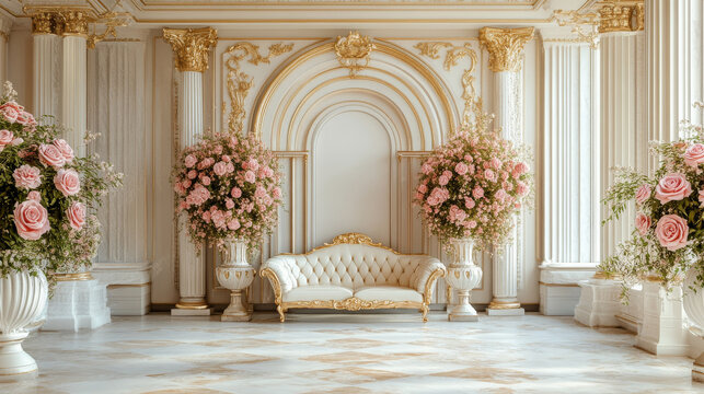 Palace Interior with luxury sofa, marble columns and pink rose flowers in vases. White and Gold Marble Castle Hall. Wedding background