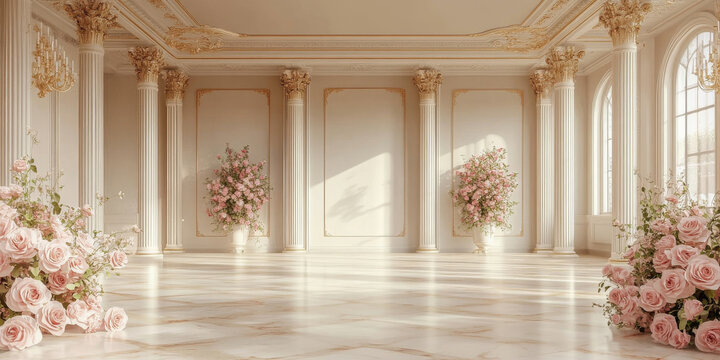Luxury Palace Interior with large windown and marble columns, decorated with pink rose flowers. Wedding Interior	
