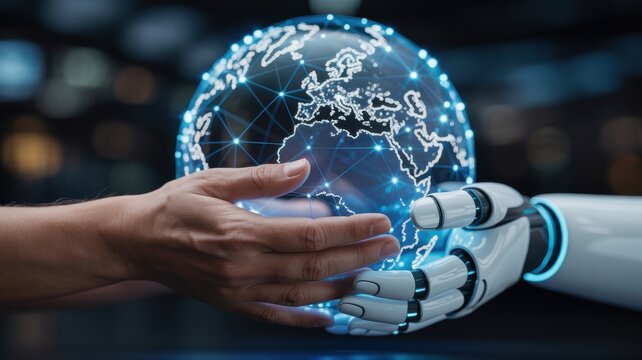 Human and robotic hands holding a glowing digital globe, representing global technology and interconnectedness