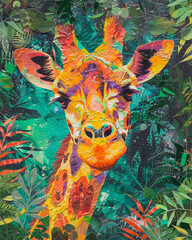 Giraffe in Tropical palm trees. Exotic jungle wallpaper