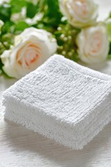 Stacked white cloths, soft texture, delicate roses