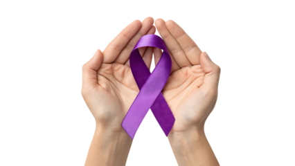 Hands holding a purple awareness ribbon isolated on transparent background