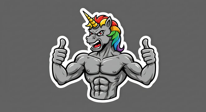 An intense unicorn muscle mascot with a colorful rainbow mane, flexing its powerful biceps. This strong and funny bodybuilder character is isolated on a flat background for easy use.