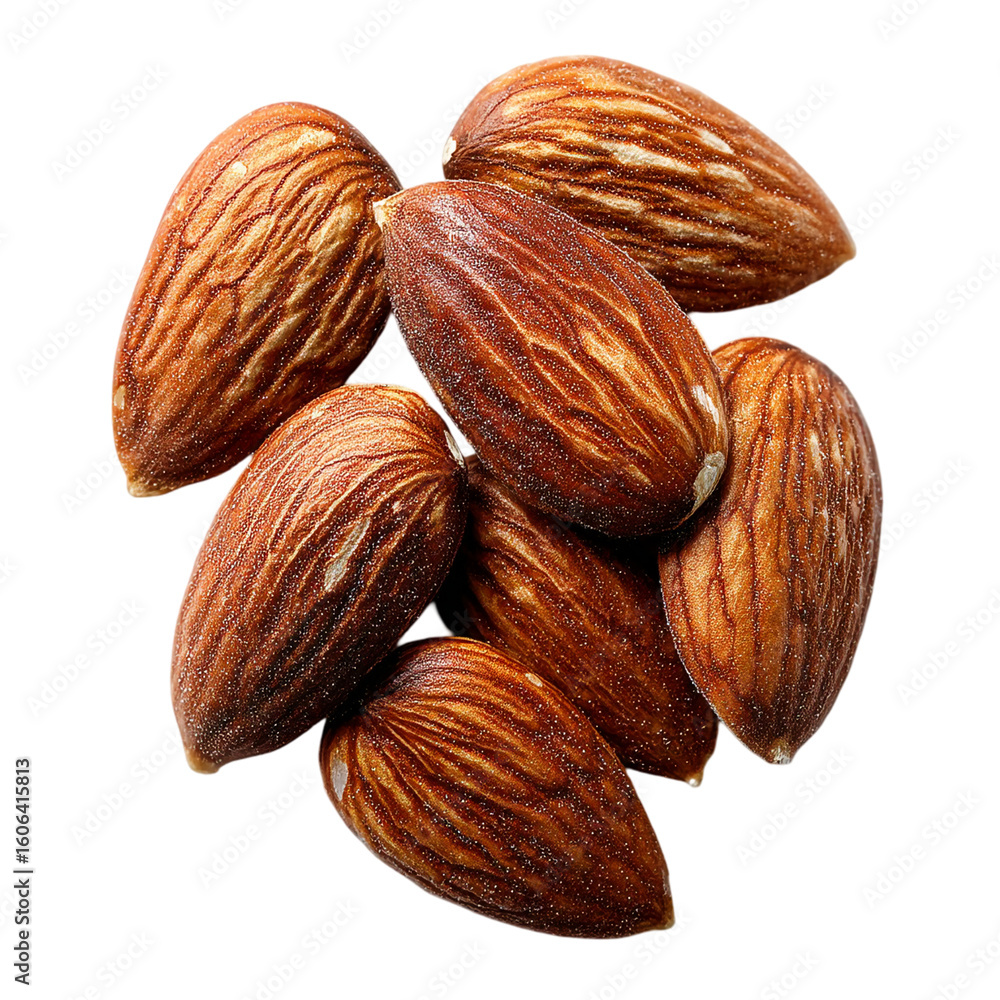 Poster a close up shot of a small pile of almonds on a plain black background isolated on transparent backg