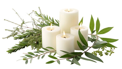 Three lit white pillar candles with green foliage isolated on transparent background