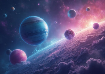 Vibrant Cosmic Scene with Colorful Planets and Swirling Galaxies in Deep Outer Space”