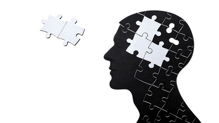 Silhouette of a human head with puzzle pieces forming the brain isolated on transparent background