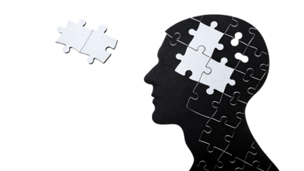 Silhouette of a human head with puzzle pieces forming the brain isolated on transparent background