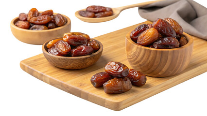 Delicious medjool dates in wooden bowls and spoon isolated on transparent background