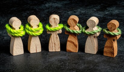 Wooden figures bound together by green rope
