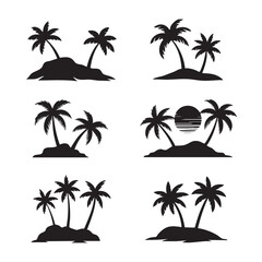 Fototapeta premium Collection of six black silhouette illustrations of tropical islands with palm trees