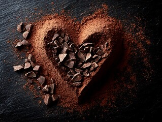 A heart shape made of cocoa powder with dark chocolate chunks on a dark slate background surface top view