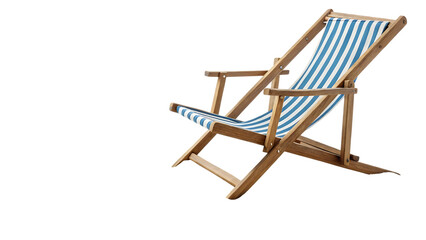 Wooden beach chair with blue and white striped fabric isolated on transparent background