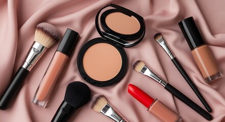 Makeup essentials, including brushes, compacts, and lipsticks, elegantly displayed on a silky pink background for a touch of luxury.