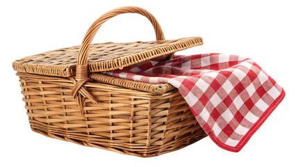 Wicker picnic basket with red and white checkered cloth isolated on transparent background