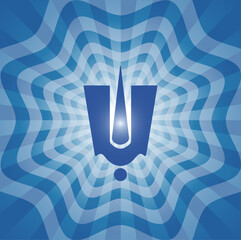 Stylized Divine Spiritual Tirupati Balaji tilak symbol in blue over spiritual radial light rays background. Sacred, religious, divine, spiritual, Tirupati, Hindu, tilak, energy, abstract, god, symbol