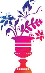 Abstract bouquet of flowers and leaves in a terracotta vase. Modern botanical illustration in a flat, minimalist style.