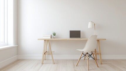 minimalist home office interior, light wood desk, modern chair, laptop, soft ambient light, white walls, serene workspace