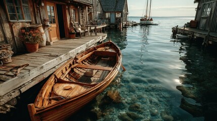 Antique wooden sailboat docked on calm water