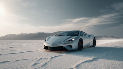 Obraz premium Sleek car speeding across white desert landscape under blue sky.
