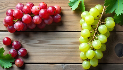 Vineyard Delight: A vibrant composition of green and red grapes rests gracefully on a textured wooden surface.