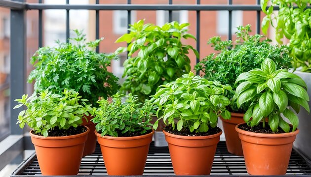 Fresh herbs such as basil, parsley, and oregano thriving in pots, creating a fragrant balcony garden
