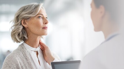 Elegant mature woman in a light outfit attending a medical consultation, gently touching her neck while listening attentively to a healthcare professional in a bright, modern clinical setting