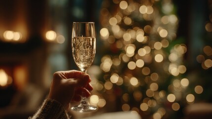 Close-up of a hand holding a glass of sparkling champagne in front of a beautifully lit Christmas tree, with warm festive lights and a cozy holiday atmosphere in the background