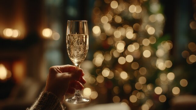 Close-up of a hand holding a glass of sparkling champagne in front of a beautifully lit Christmas tree, with warm festive lights and a cozy holiday atmosphere in the background