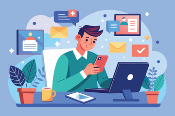 Worker interacts with social media on phone while sitting at a desk with a computer in a creative workspace during daytime