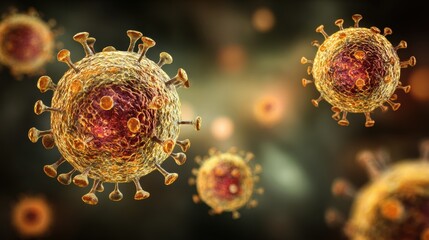 Highly detailed 3D rendering of virus particles with spike proteins, floating in a dark fluid environment, symbolizing infectious disease, viral transmission, biological research in medical science