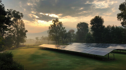 Fototapeta premium A serene landscape featuring solar panels at sunrise.