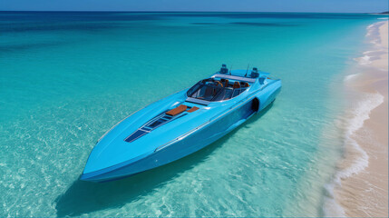 Naklejka premium A sleek blue boat anchored in clear turquoise waters.