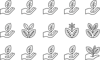 Fototapeta premium Hands Holding Leaf Icons Collection, Outline Style, Symbolizing Growth, Plant, and Nature