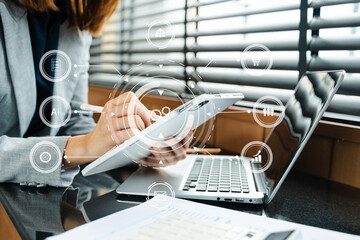Businesswoman hand working digital marketing media in virtual screen with mobile phone and modern...