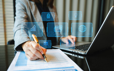 Digital marketing media in virtual screen.businesswoman hand working with mobile phone and modern...