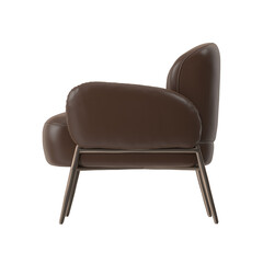Side profile view of a modern brown leather armchair with metallic legs, isolated. 3D render.