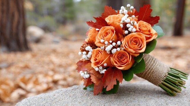This elegant wedding bouquet showcases vibrant orange roses accented by red leaves, beautifully wrapped in burlap, ideal for a fall wedding