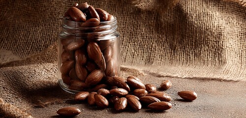 Almonds in a glass jar on a burlap surface with some spilled on the table in a studio setting